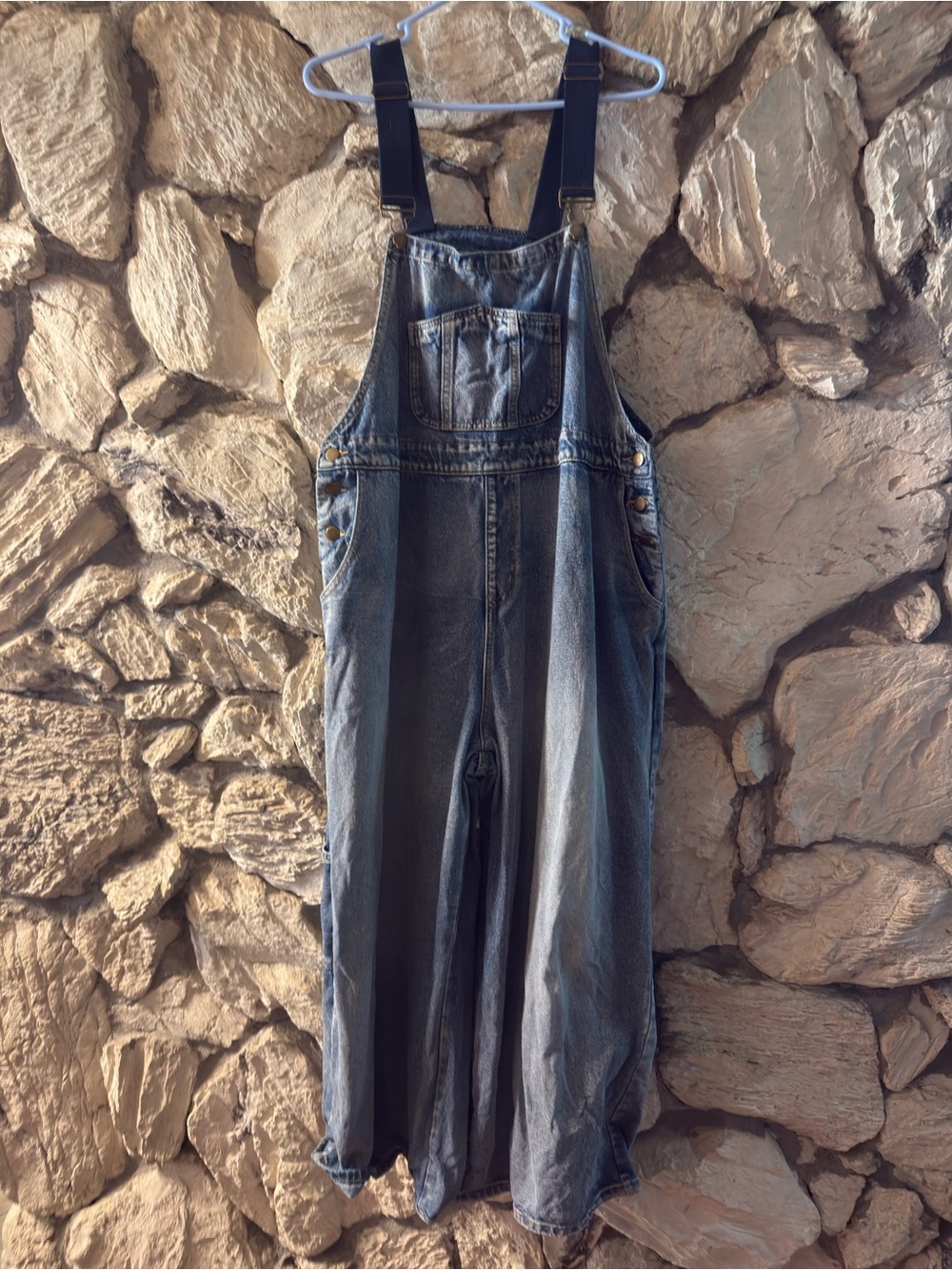 Cider Denim Overalls in Faded Blue with Black Straps